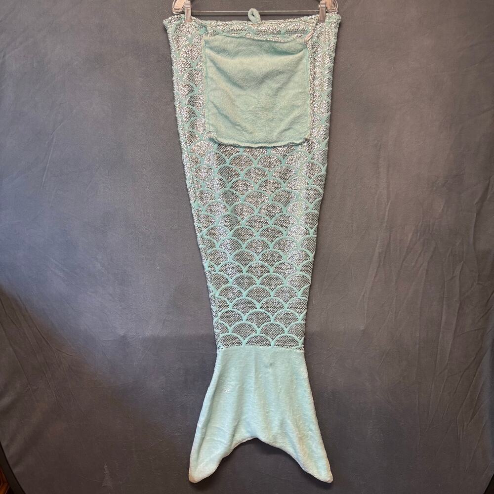 Mermaid Tail Blanket Adult Size – Aqua Blue & Silver Scales, Plush Fleece Lining